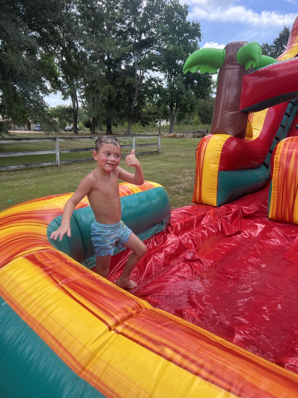 18-foot red tropical inflatable water slide in use